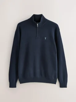 Online Next Stag Logo N.Premium Regular Fit 100% Cotton Premium Quarter Zip Jumper Navy Blue