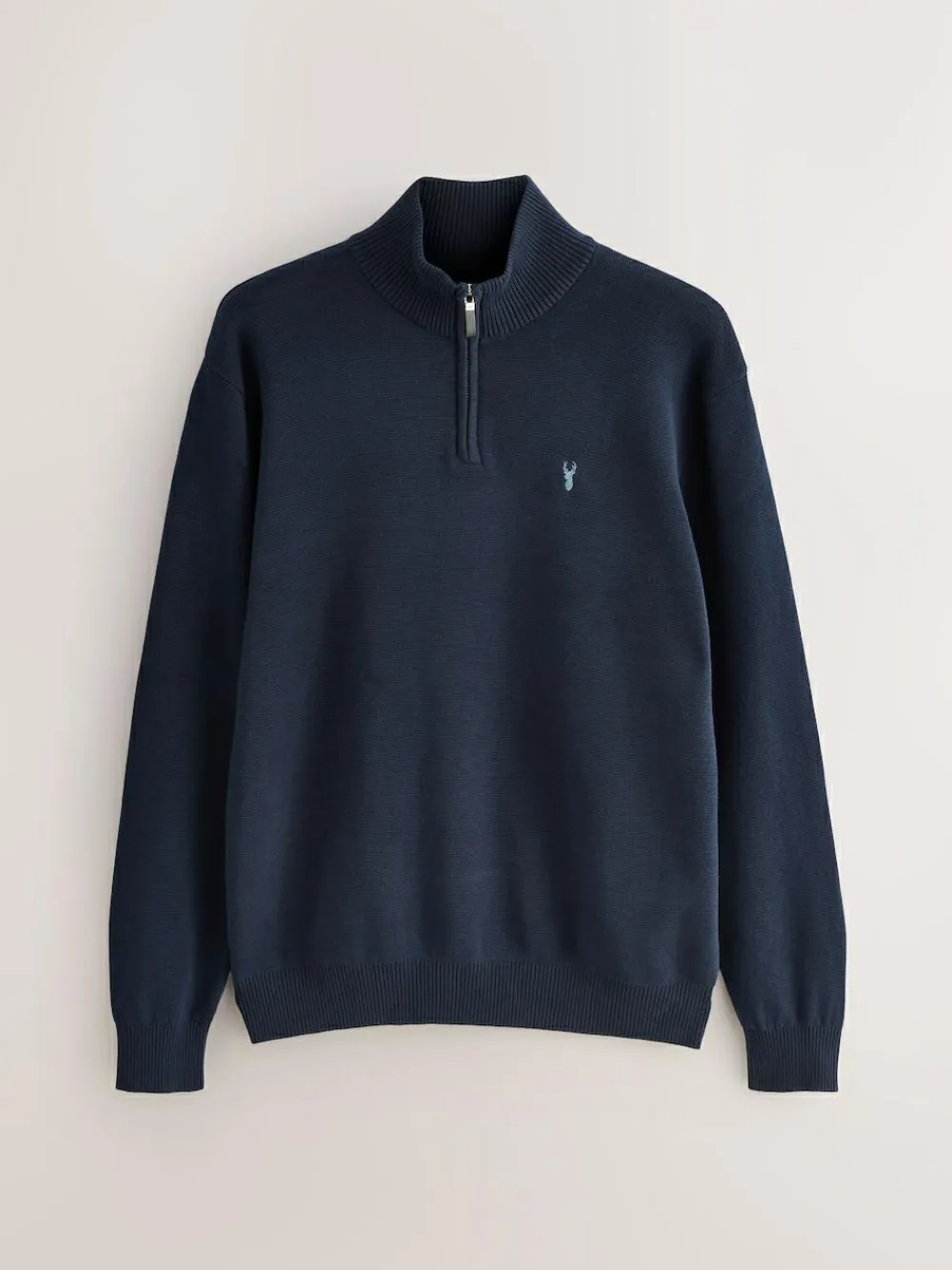 Online Next Stag Logo N.Premium Regular Fit 100% Cotton Premium Quarter Zip Jumper Navy Blue