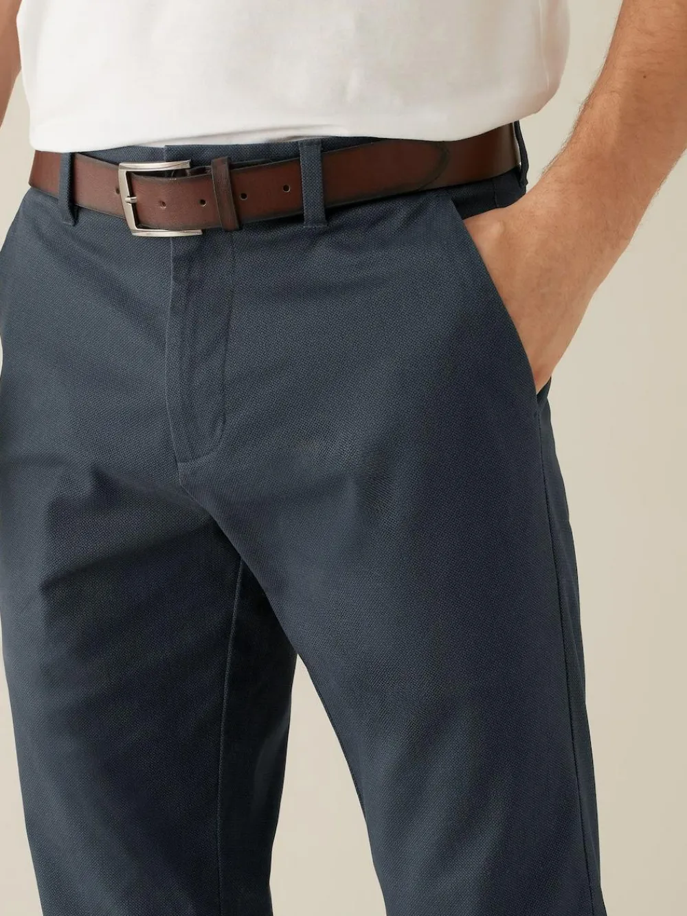 New Next Straight Fit Printed Belted Soft Touch Chino Trousers Navy Blue