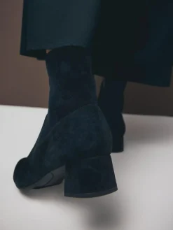 Best Next Motionflex Block Heeled Sock Boots Navy Blue Suede
