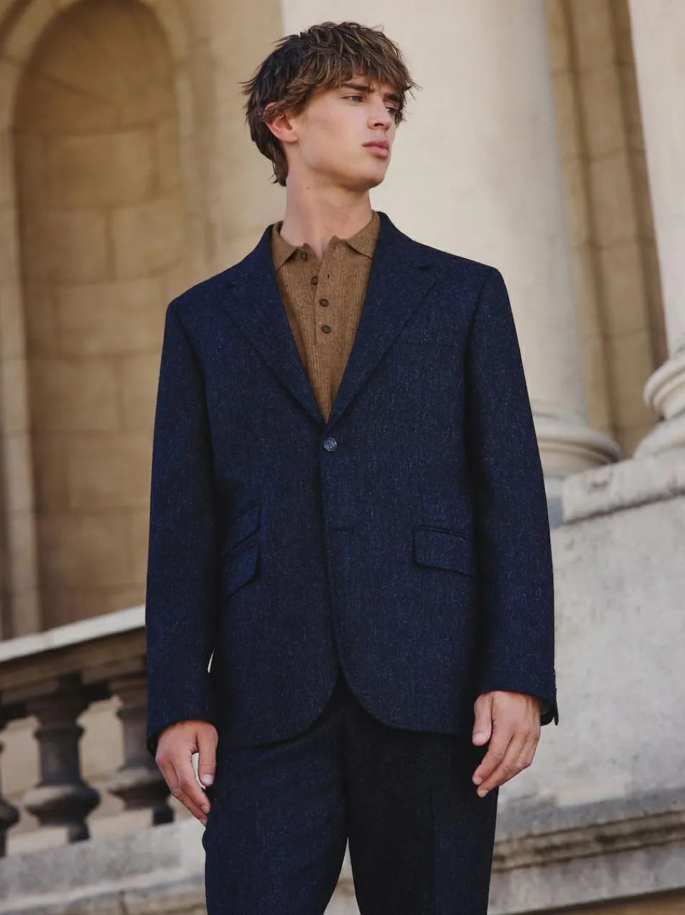 Next Tailored Fit Signature Abraham Moon 100% British Wool Donegal Suit Jacket Navy Blue