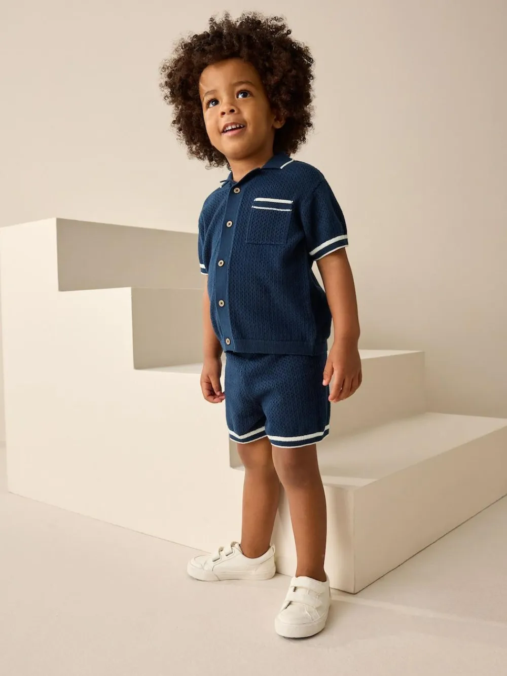 Sale Next Textured Revere Collar Knitted Polo Shirt and Shorts Set (3mths-10yrs) Navy Blue