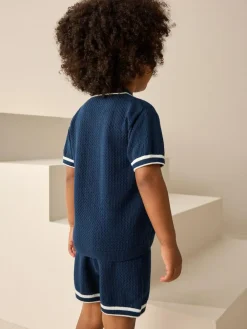 Sale Next Textured Revere Collar Knitted Polo Shirt and Shorts Set (3mths-10yrs) Navy Blue