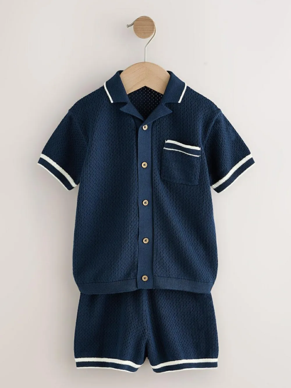 Sale Next Textured Revere Collar Knitted Polo Shirt and Shorts Set (3mths-10yrs) Navy Blue