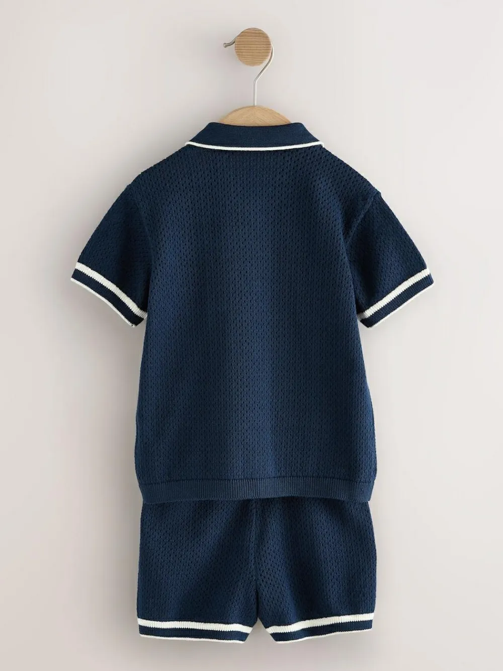 Sale Next Textured Revere Collar Knitted Polo Shirt and Shorts Set (3mths-10yrs) Navy Blue