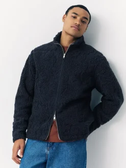Hot Next Full Zip Funnel Neck Fleece Navy Blue Tufted