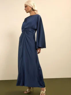 Best Next Twist Front Long Sleeve Satin Maxi Dress Navy Blue
