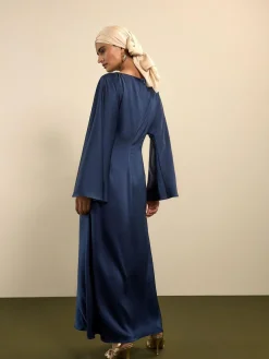 Best Next Twist Front Long Sleeve Satin Maxi Dress Navy Blue