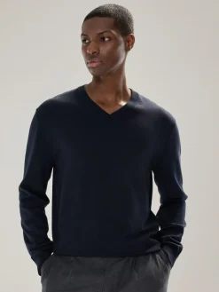 New Next V-Neck Cotton Rich Long Sleeve Jumper Navy Blue