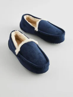 Next Cosy Moccasin Slippers Navy Blue with Neutral Warm Lining