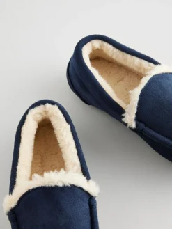 Next Cosy Moccasin Slippers Navy Blue with Neutral Warm Lining