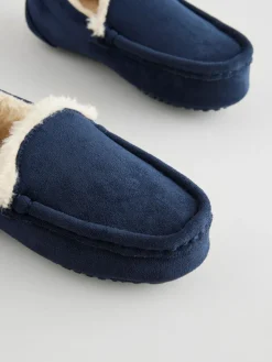 Next Cosy Moccasin Slippers Navy Blue with Neutral Warm Lining