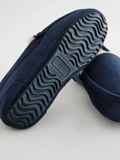 Next Cosy Moccasin Slippers Navy Blue with Neutral Warm Lining