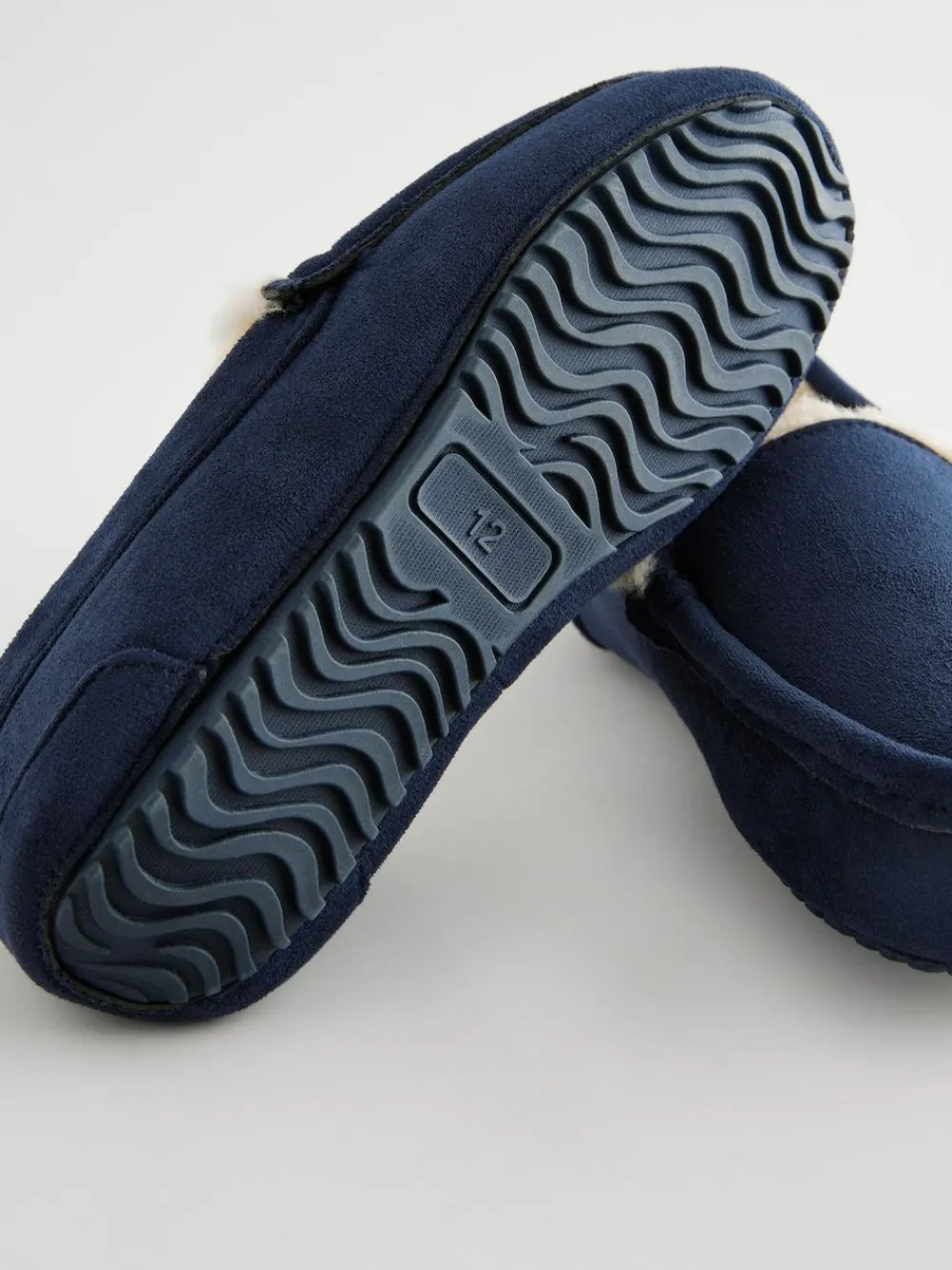 Next Cosy Moccasin Slippers Navy Blue with Neutral Warm Lining