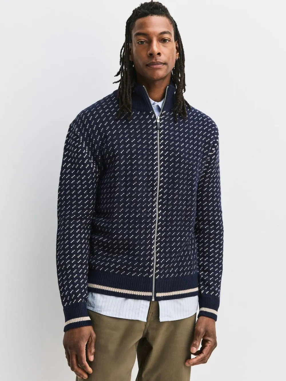 Best Next Navy Blue/Ecru White Relaxed Fit Geometric Pattern Zip Through Cardigan with Wool