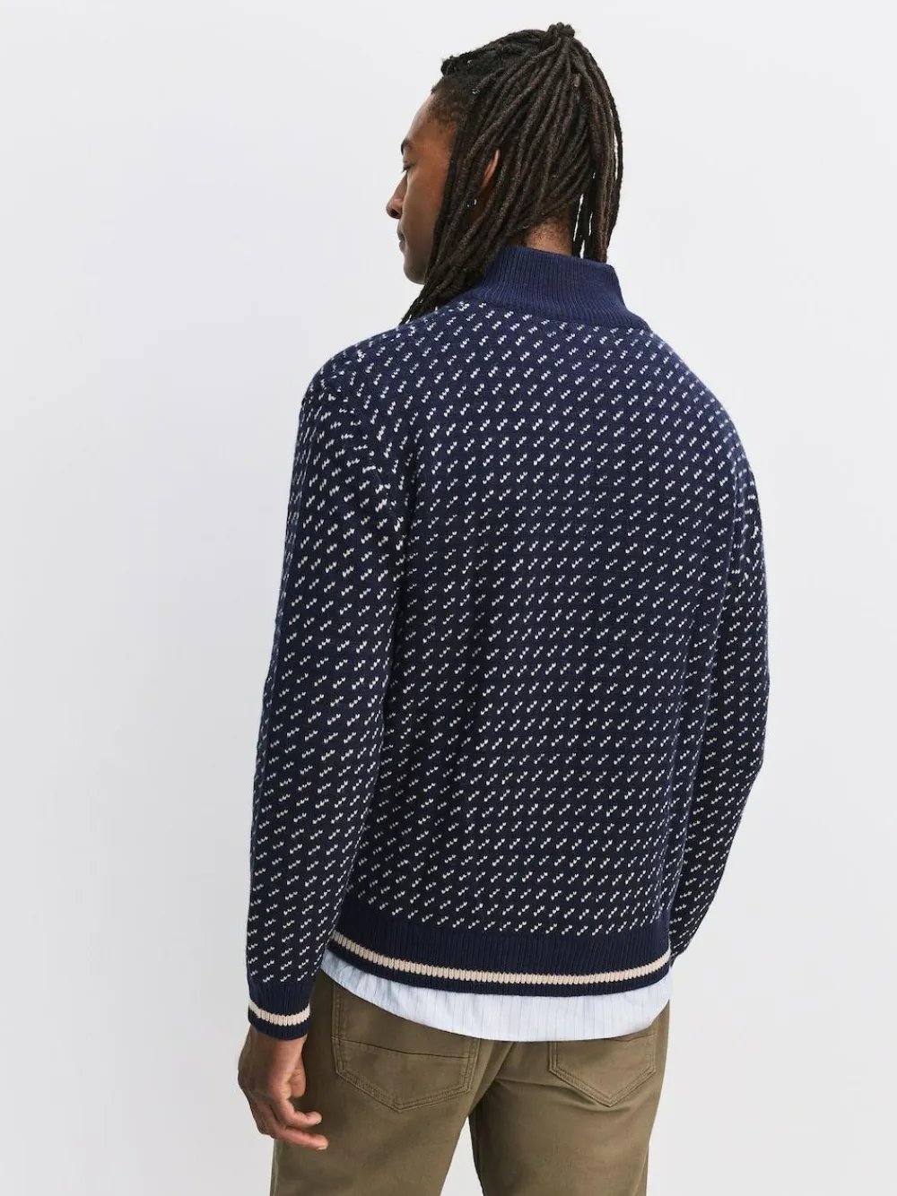 Best Next Navy Blue/Ecru White Relaxed Fit Geometric Pattern Zip Through Cardigan with Wool