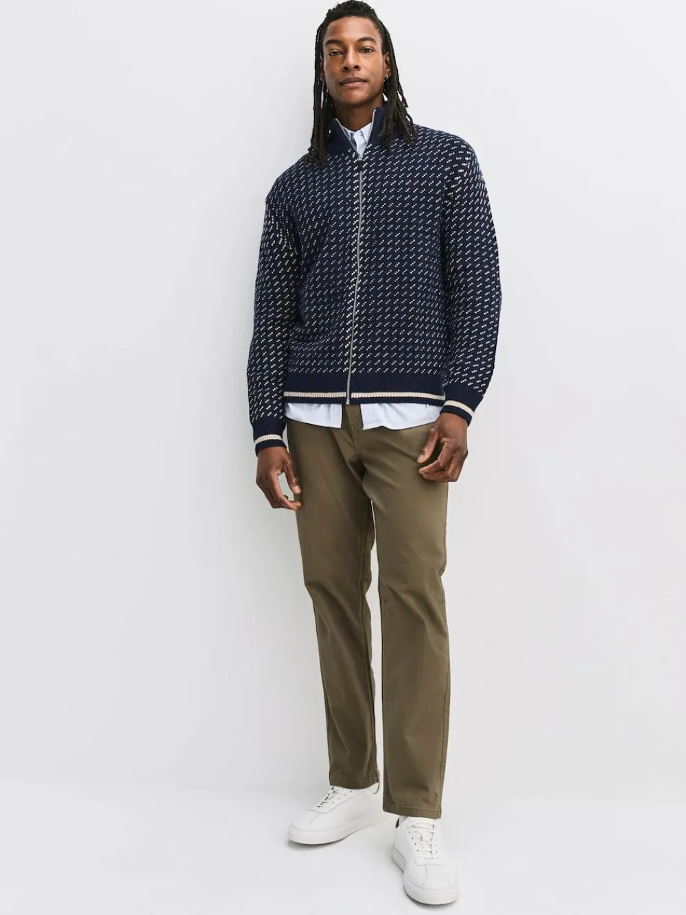 Best Next Navy Blue/Ecru White Relaxed Fit Geometric Pattern Zip Through Cardigan with Wool