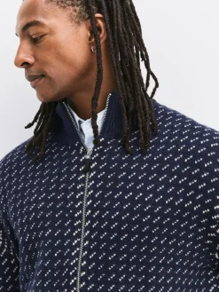 Best Next Navy Blue/Ecru White Relaxed Fit Geometric Pattern Zip Through Cardigan with Wool