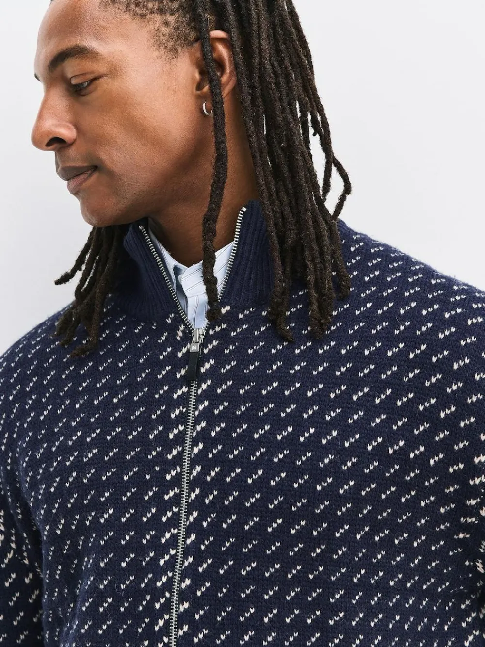 Best Next Navy Blue/Ecru White Relaxed Fit Geometric Pattern Zip Through Cardigan with Wool