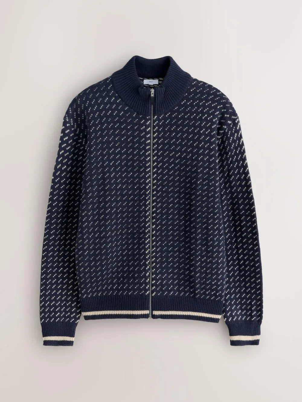 Best Next Navy Blue/Ecru White Relaxed Fit Geometric Pattern Zip Through Cardigan with Wool