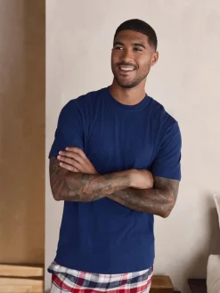 New Next Check Woven Short Sleeve Pyjamas Set Navy Blue/Grey