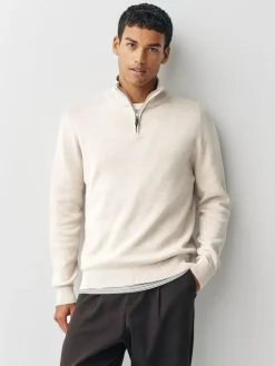 New Next N.Premium 100% Cotton Regular Fit Premium Quarter Zip Jumpers 2 Pack Navy Blue/Oatmeal