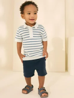 Discount Next Button Neck Knitted 100% Cotton Polo Shirt (3mths-7yrs) Navy Blue/White