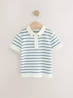 Discount Next Button Neck Knitted 100% Cotton Polo Shirt (3mths-7yrs) Navy Blue/White