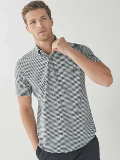 Next Navy Blue/White Gingham Check Easy Iron Button Down Short Sleeve Oxford Shirt^ Shirts