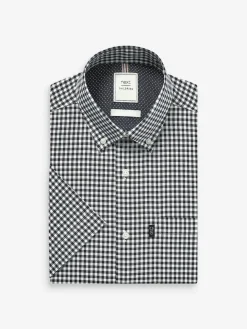 Next Navy Blue/White Gingham Check Easy Iron Button Down Short Sleeve Oxford Shirt^ Shirts