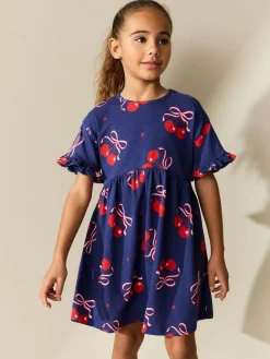New Next Short Sleeve Jersey Dress (3-16yrs) Navy Cherry Print