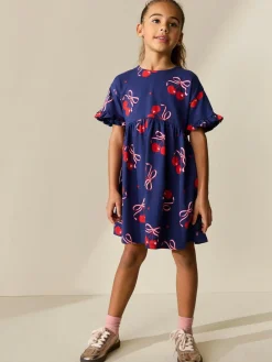 New Next Short Sleeve Jersey Dress (3-16yrs) Navy Cherry Print