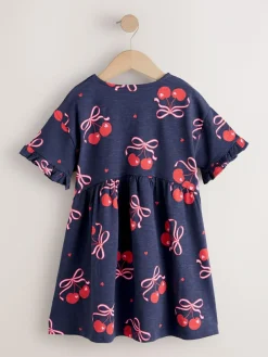 New Next Short Sleeve Jersey Dress (3-16yrs) Navy Cherry Print