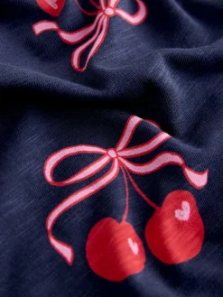 New Next Short Sleeve Jersey Dress (3-16yrs) Navy Cherry Print