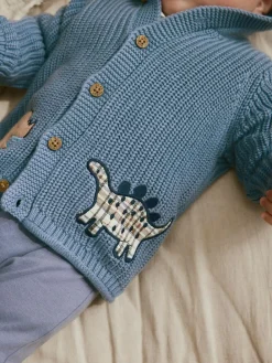 Next Navy Dinosaur Print Embroidered Baby Knitted Hooded Cardigan (0mths-2yrs)^BOY Knitwear|Knitwear