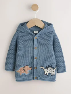 Next Navy Dinosaur Print Embroidered Baby Knitted Hooded Cardigan (0mths-2yrs)^BOY Knitwear|Knitwear
