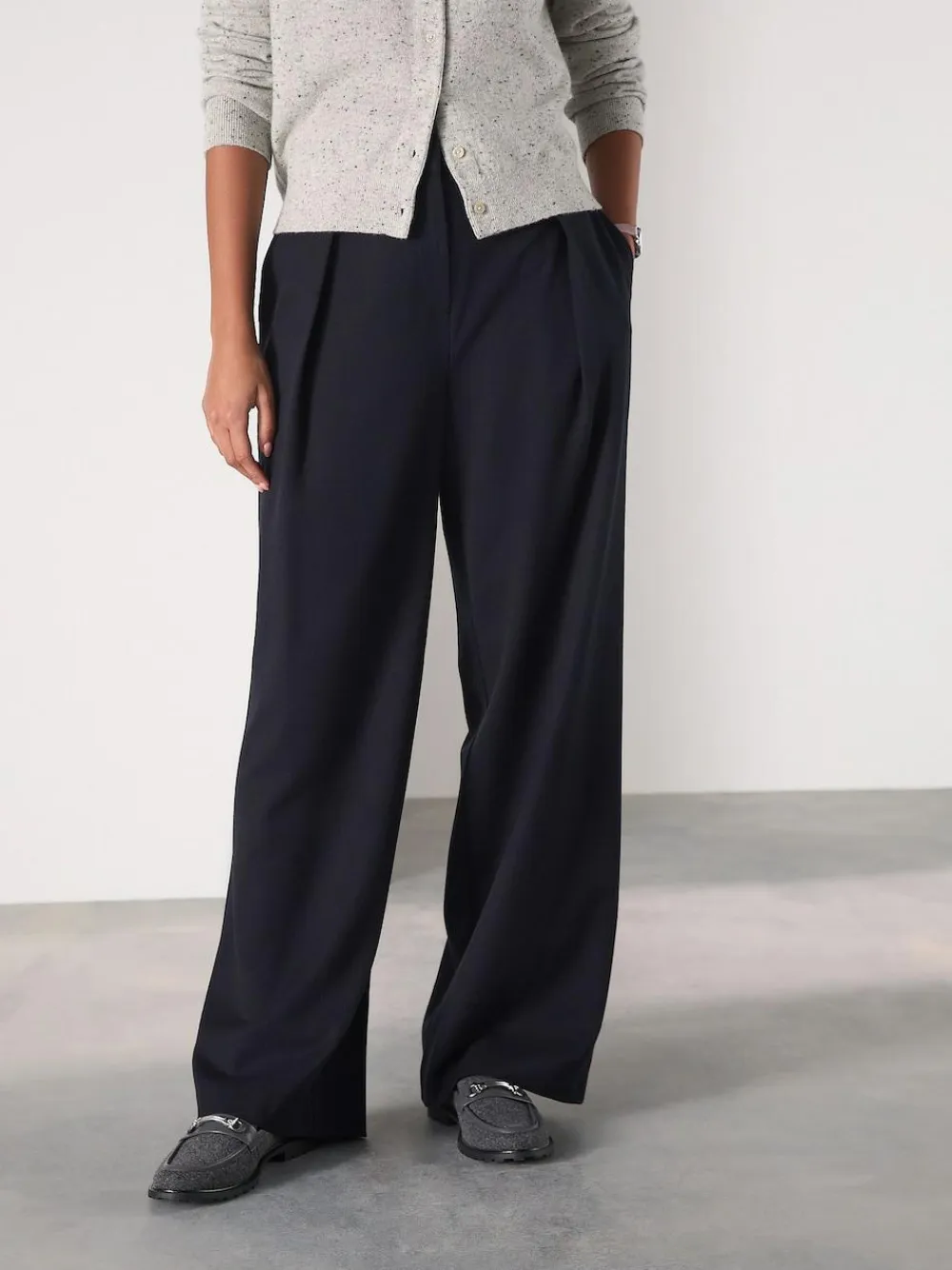 Next Navy Elastic Back Wide Leg Trousers With Wool^Women Pants