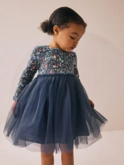 New Next Long Sleeve Mesh Party Dress (3mths-7yrs) Navy Floral