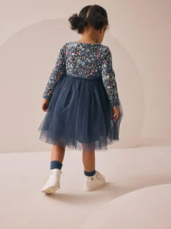 New Next Long Sleeve Mesh Party Dress (3mths-7yrs) Navy Floral