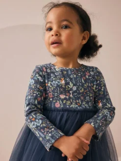 New Next Long Sleeve Mesh Party Dress (3mths-7yrs) Navy Floral