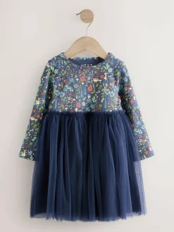 New Next Long Sleeve Mesh Party Dress (3mths-7yrs) Navy Floral