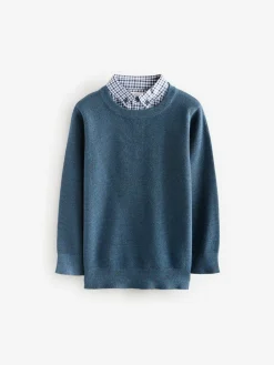 Next Mock Gingham Shirt and Crew Neck 100% Cotton Jumper (3-16yrs)^BOY Knitwear & Sweaters|Knitwear