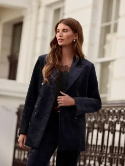 Next Navy N. Premium Cord Double Breasted Blazer^Women Coats & Jackets|Coats & Jackets