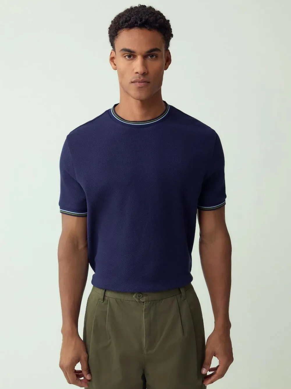 Outlet Next Regular Fit & 100% Cotton Textured Tipped T-Shirt Navy