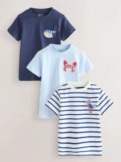 Best Next Short Sleeve Appliqué T-Shirts 3 Pack (3mths-7yrs) Navy Sea Animal
