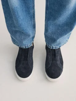 New Next Signature Premium Leather Laceless Slip-On Trainers Navy