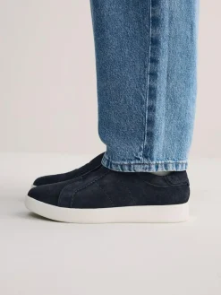 New Next Signature Premium Leather Laceless Slip-On Trainers Navy