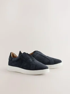 New Next Signature Premium Leather Laceless Slip-On Trainers Navy