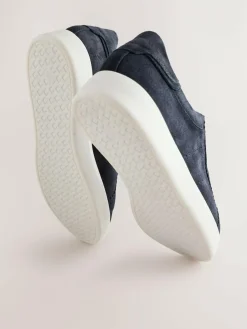 New Next Signature Premium Leather Laceless Slip-On Trainers Navy