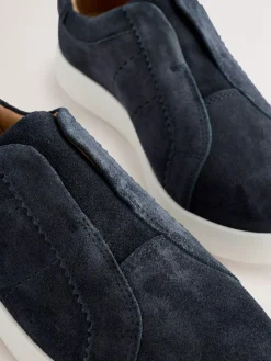 New Next Signature Premium Leather Laceless Slip-On Trainers Navy